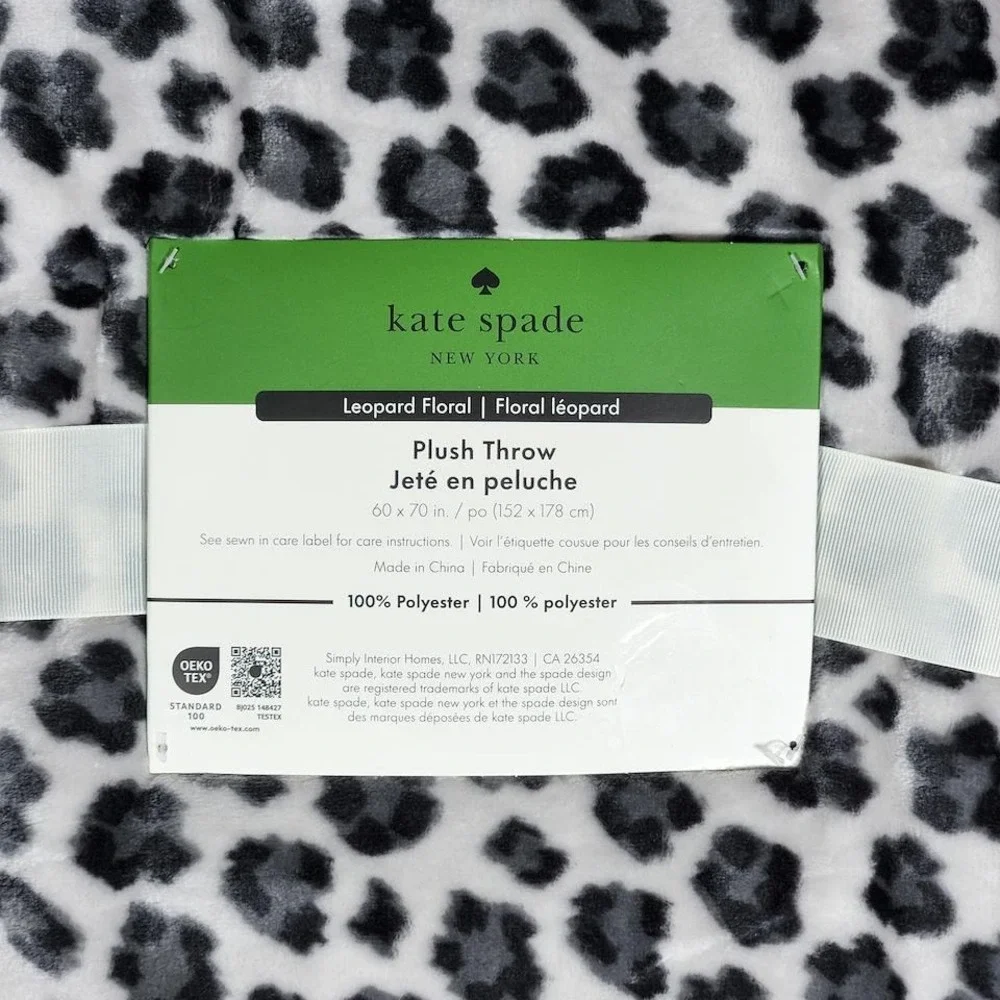 Kate Spade New York Leopard Floral Plush Throw Blanket Grey White 60x70 NEW